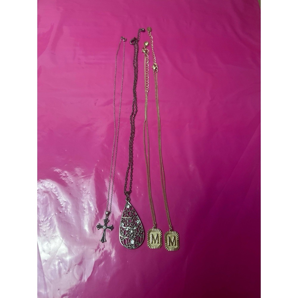 Lot of 4 Necklaces Claire's Initial M Tear Drop Cross 925 Sterling Silver JCM